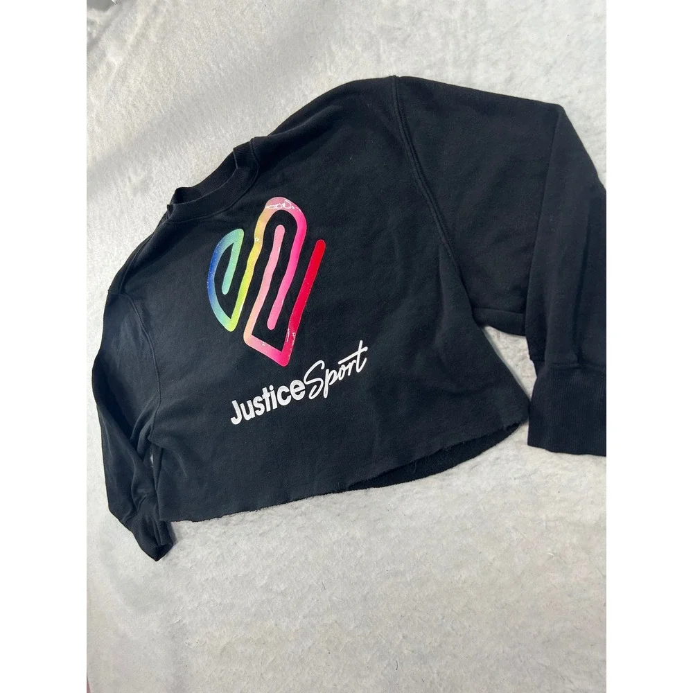 Justice Sport Girls Black Cropped Sweatshirt Rainbow Heart Logo Size M 10